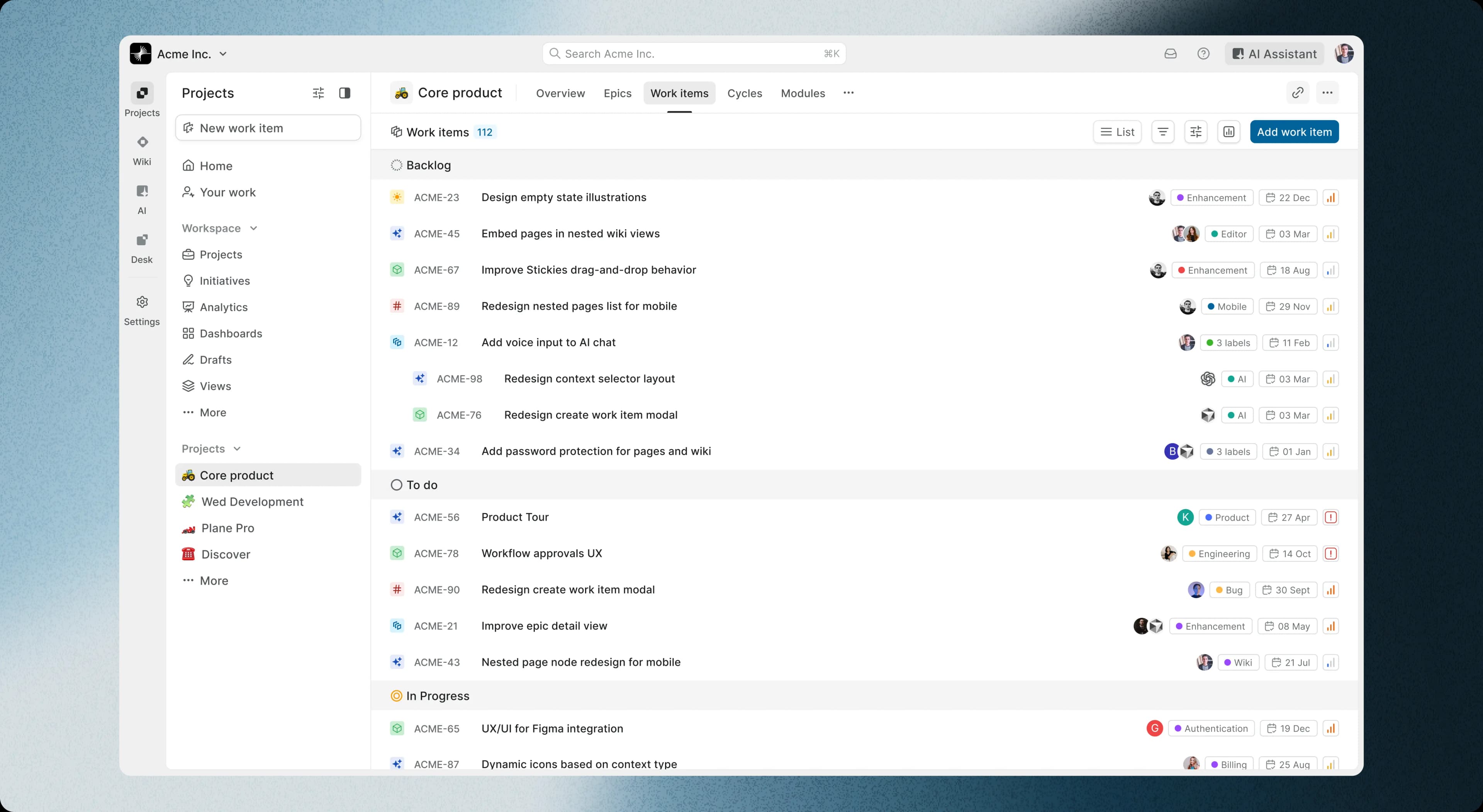 Plane project management screenshot