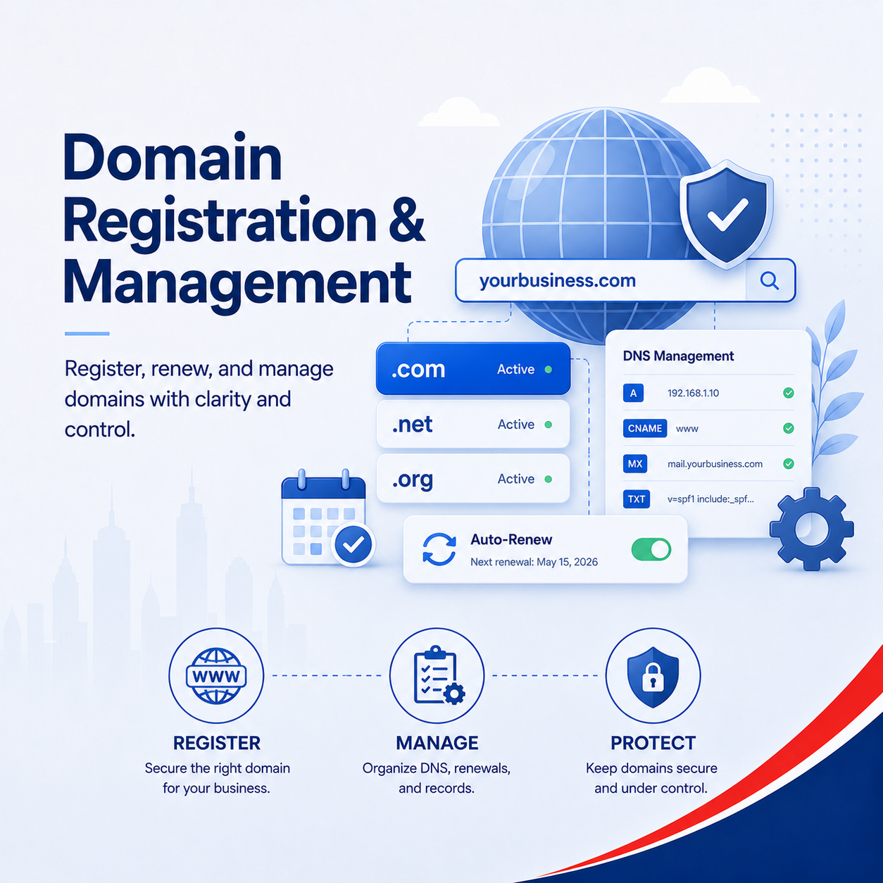 Domain registration and DNS management dashboard with records, SSL and renewal tracking