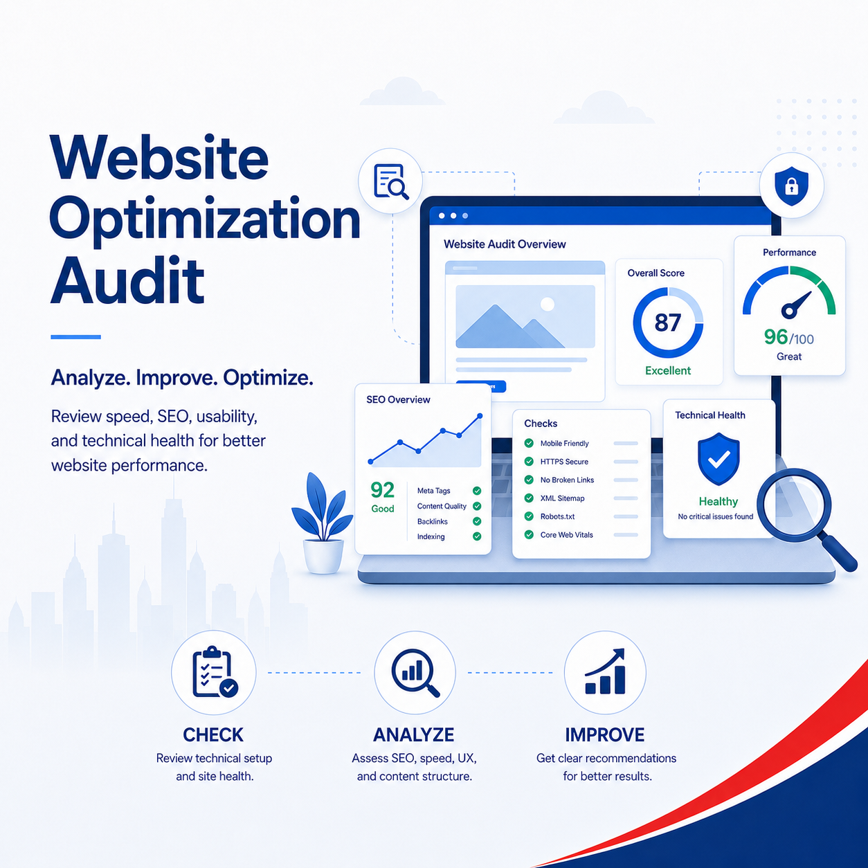 Website analytics dashboard showing traffic, search, conversions and page speed audit data
